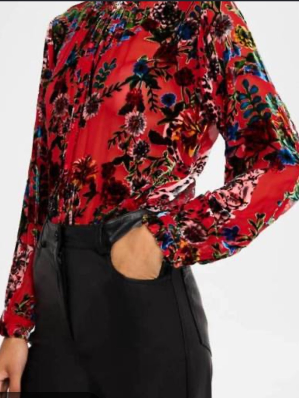 NWT Johnny Was Yoella burnout tunic Red Floral Long-Sleeve Blouse size M